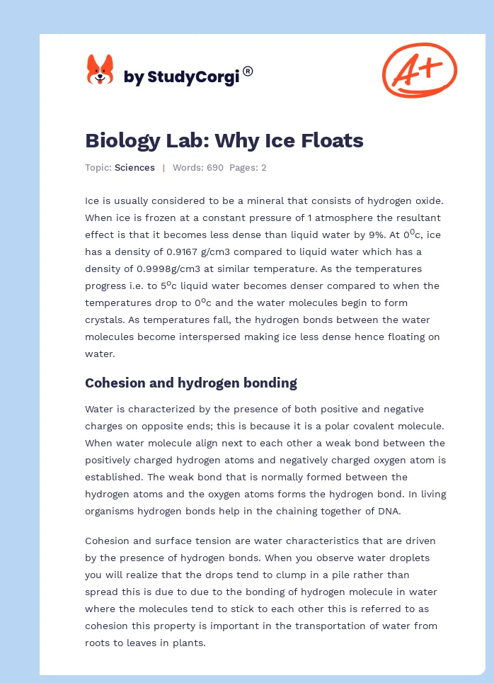 Biology Lab: Why Ice Floats. Page 1