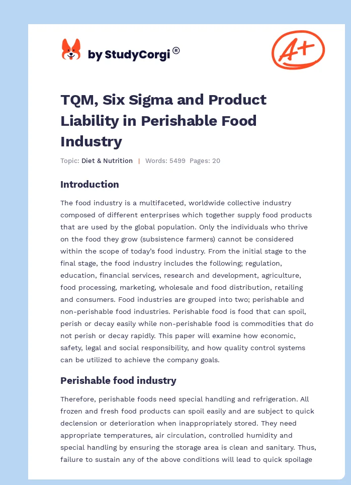 TQM, Six Sigma and Product Liability in Perishable Food Industry. Page 1
