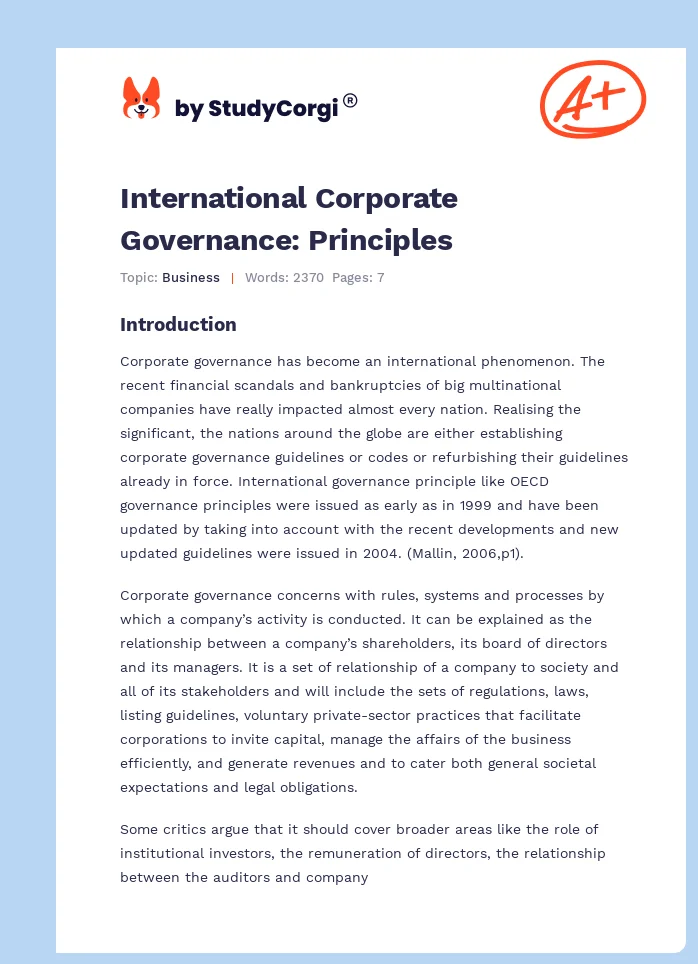 International Corporate Governance: Principles. Page 1