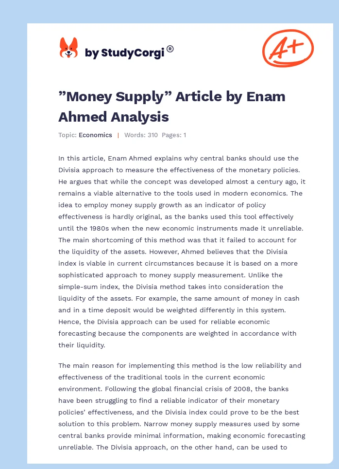 ”Money Supply” Article by Enam Ahmed Analysis. Page 1