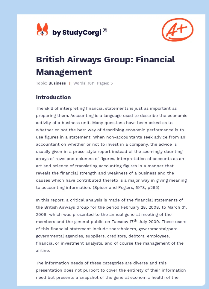 British Airways Group: Financial Management. Page 1