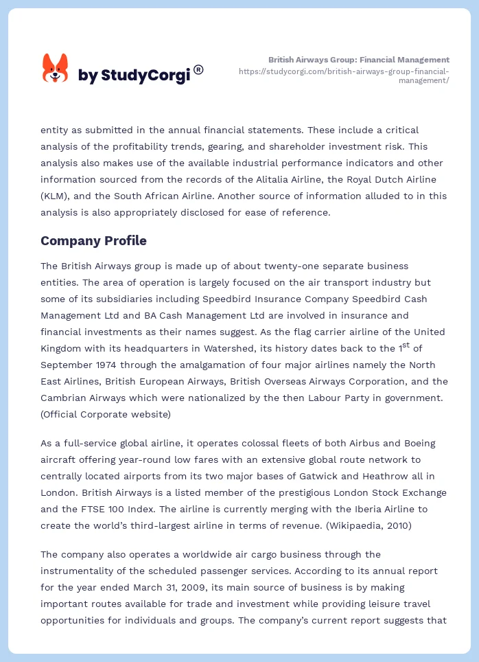 British Airways Group: Financial Management. Page 2