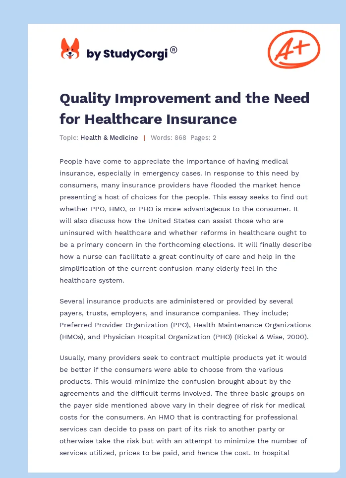 Quality Improvement and the Need for Healthcare Insurance. Page 1