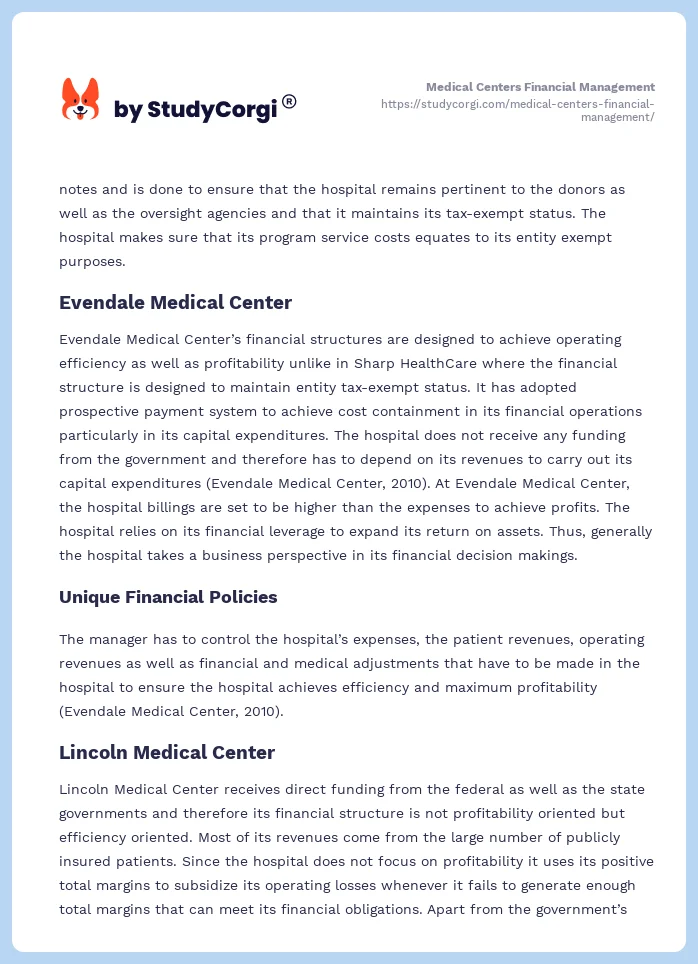 Medical Centers Financial Management. Page 2