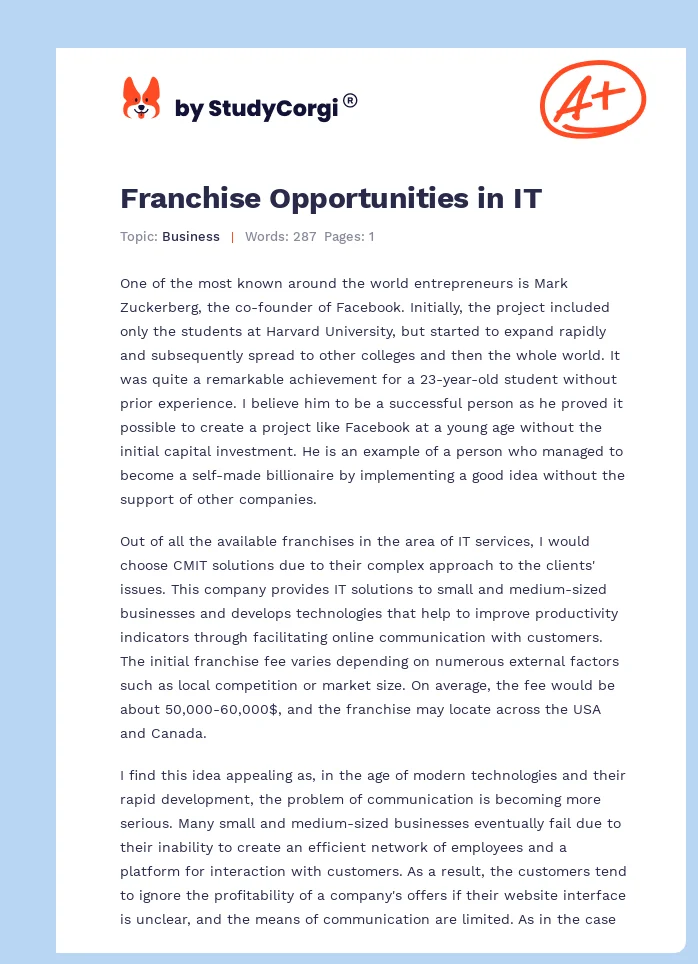 Franchise Opportunities in IT. Page 1