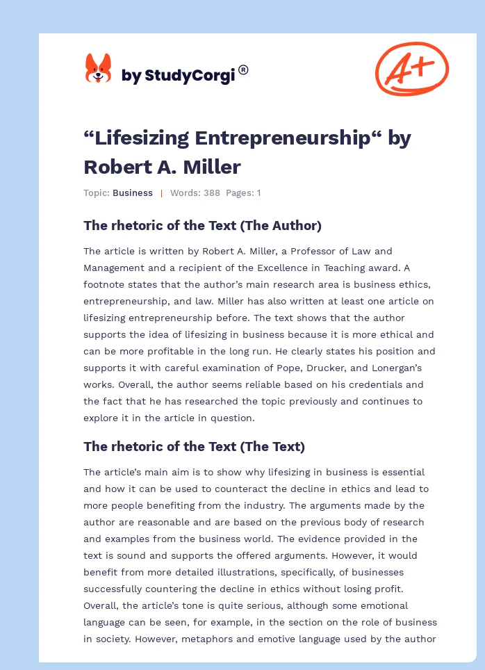 “Lifesizing Entrepreneurship“ by Robert A. Miller. Page 1