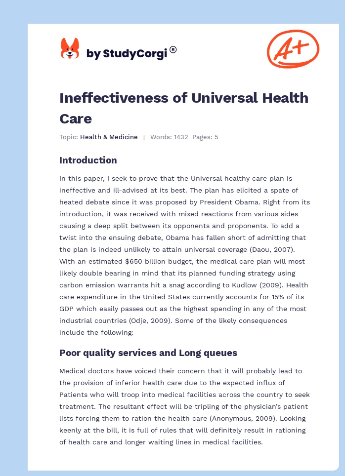 Ineffectiveness of Universal Health Care. Page 1