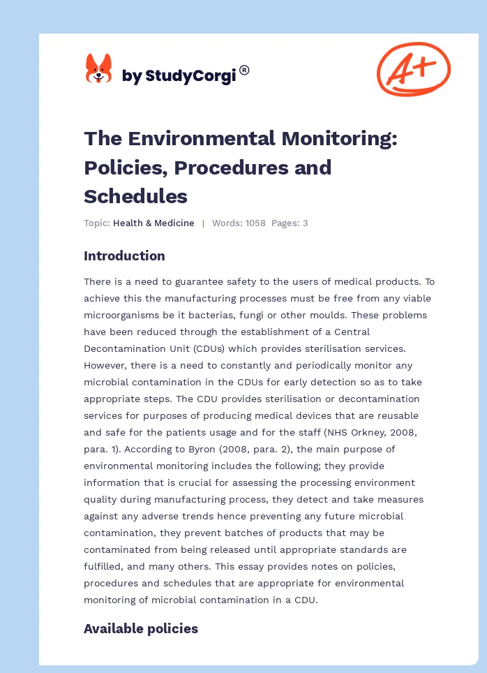 The Environmental Monitoring: Policies, Procedures and Schedules. Page 1