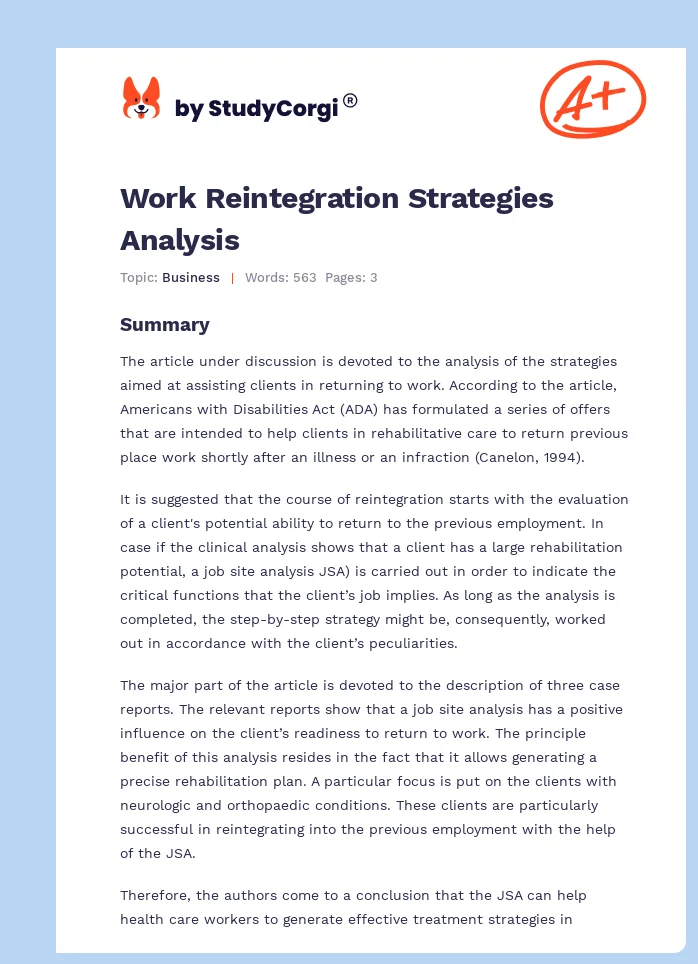 Work Reintegration Strategies Analysis. Page 1