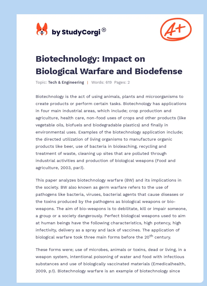 Biotechnology: Impact on Biological Warfare and Biodefense. Page 1