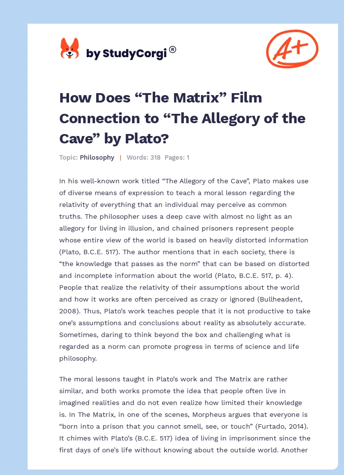 How Does “The Matrix” Film Connection to “The Allegory of the Cave” by Plato?. Page 1