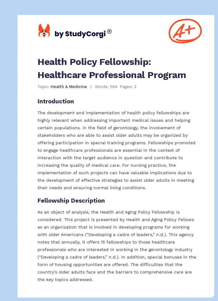 Health Policy Fellowship: Healthcare Professional Program. Page 1
