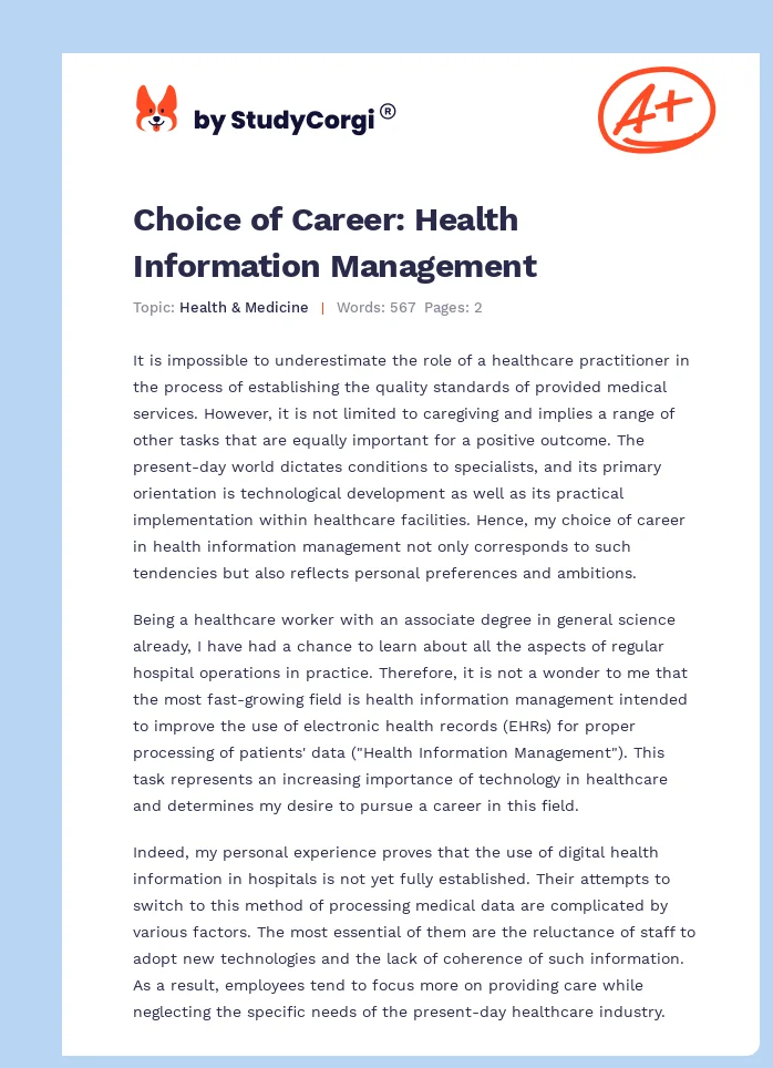 Choice of Career: Health Information Management. Page 1