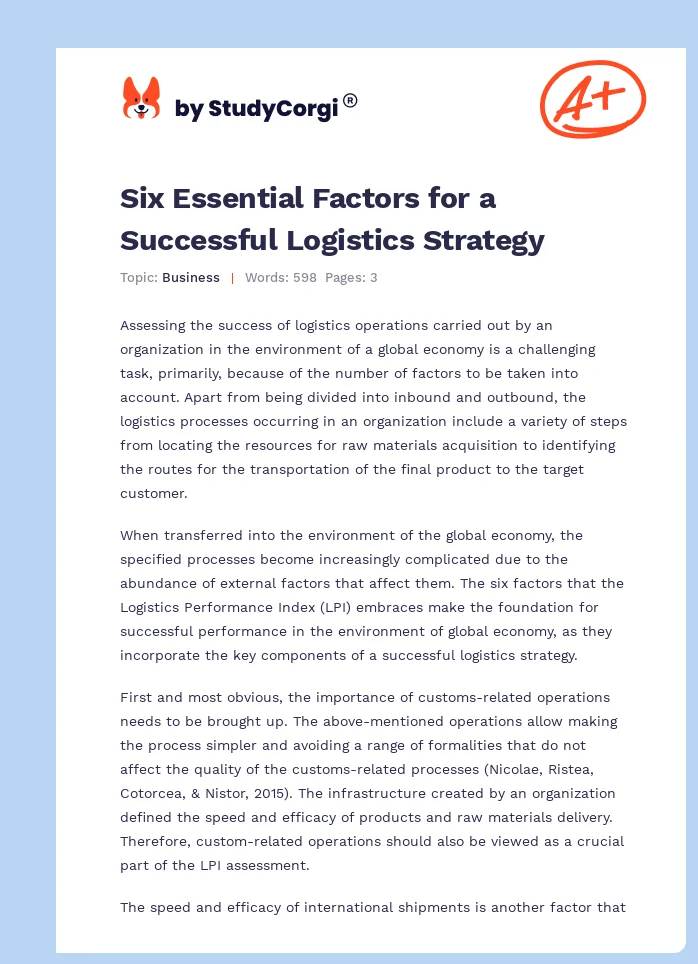 Six Essential Factors for a Successful Logistics Strategy. Page 1