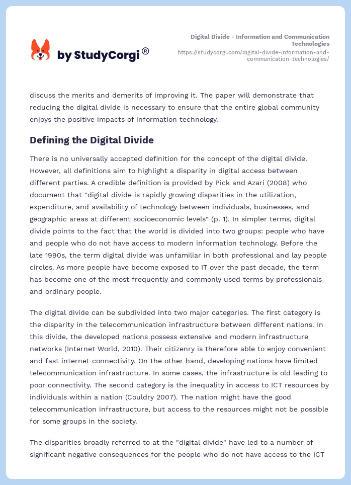 Digital Divide - Information and Communication Technologies. Page 2