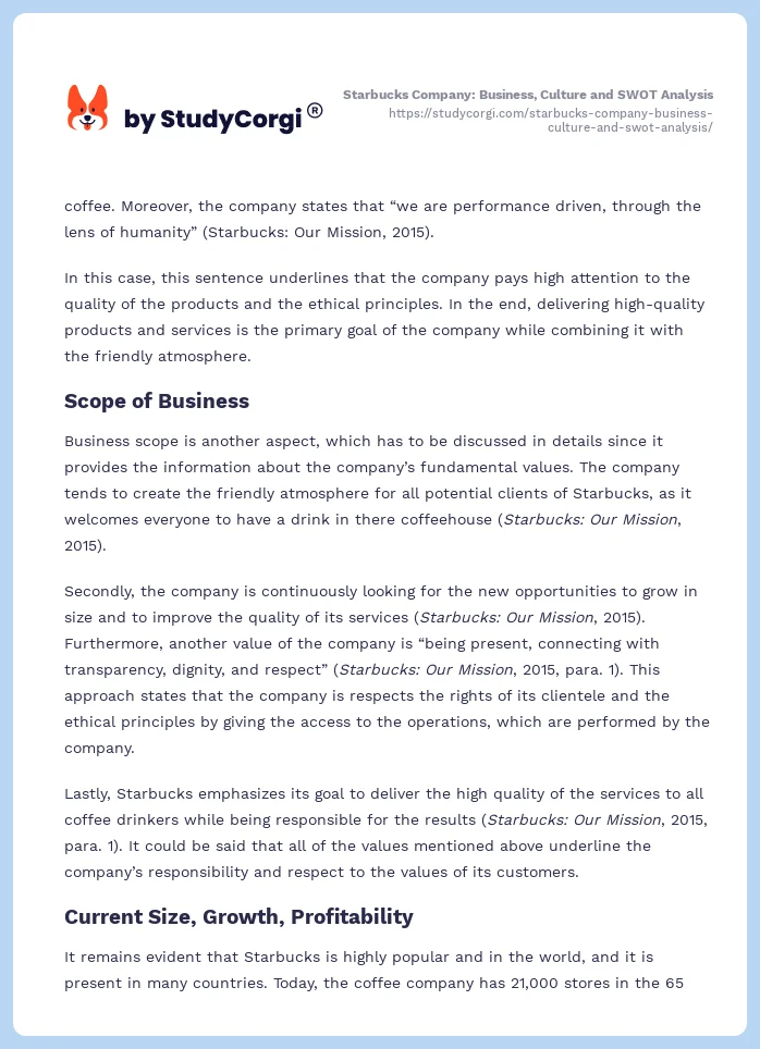 Starbucks Company: Business, Culture and SWOT Analysis. Page 2