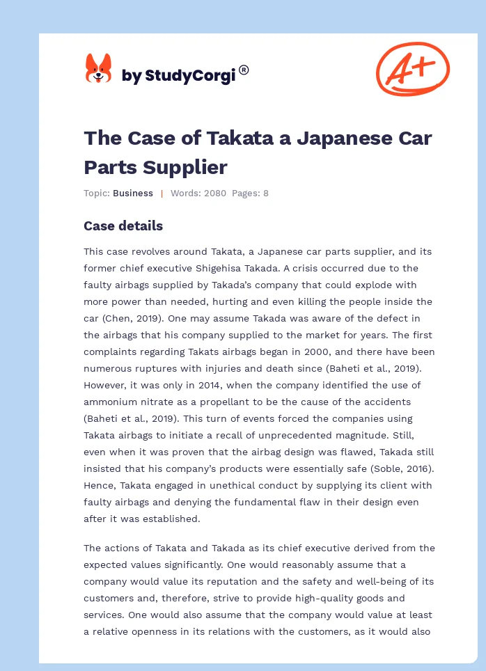 The Case of Takata a Japanese Car Parts Supplier. Page 1