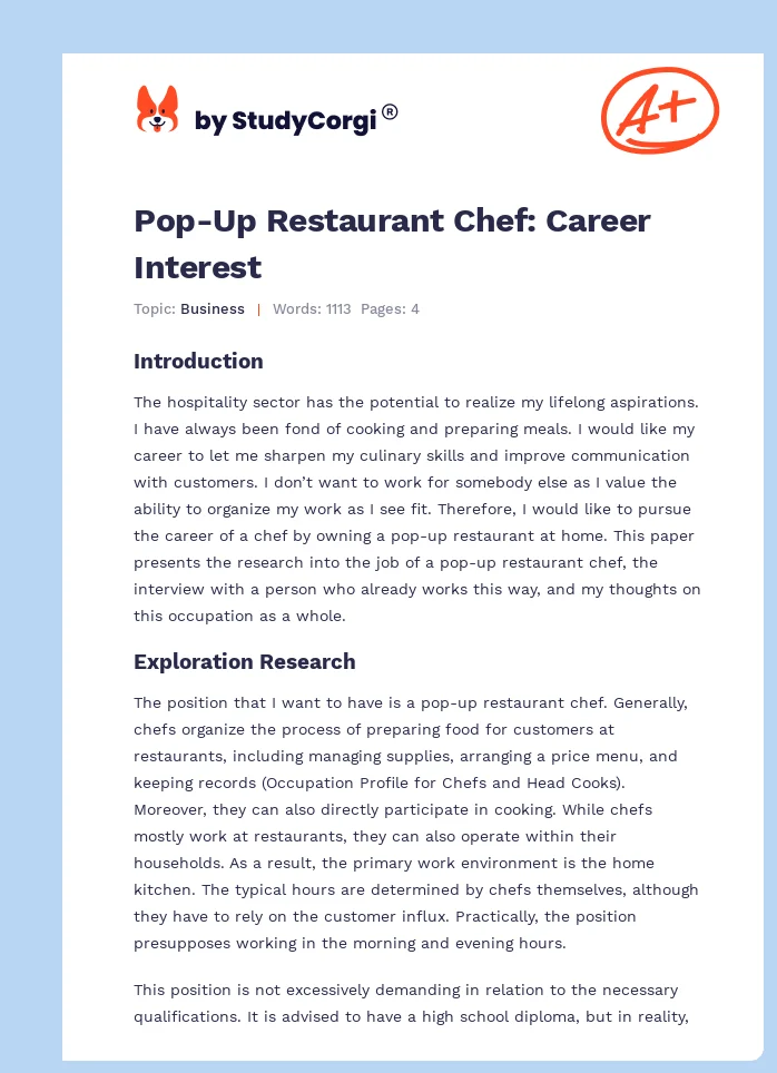 Pop-Up Restaurant Chef: Career Interest. Page 1