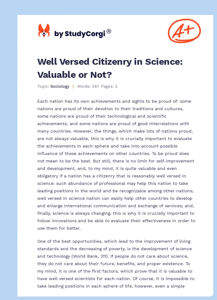 Well Versed Citizenry in Science: Valuable or Not?. Page 1