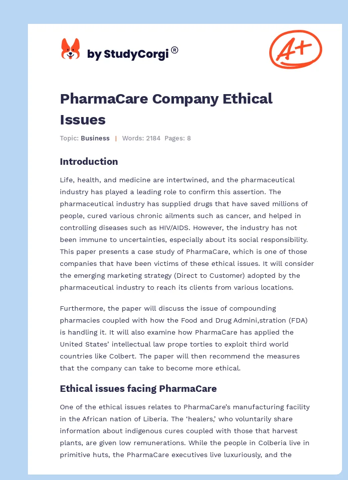 PharmaCare Company Ethical Issues. Page 1