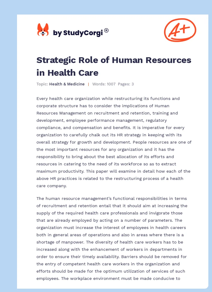 Strategic Role of Human Resources in Health Care. Page 1