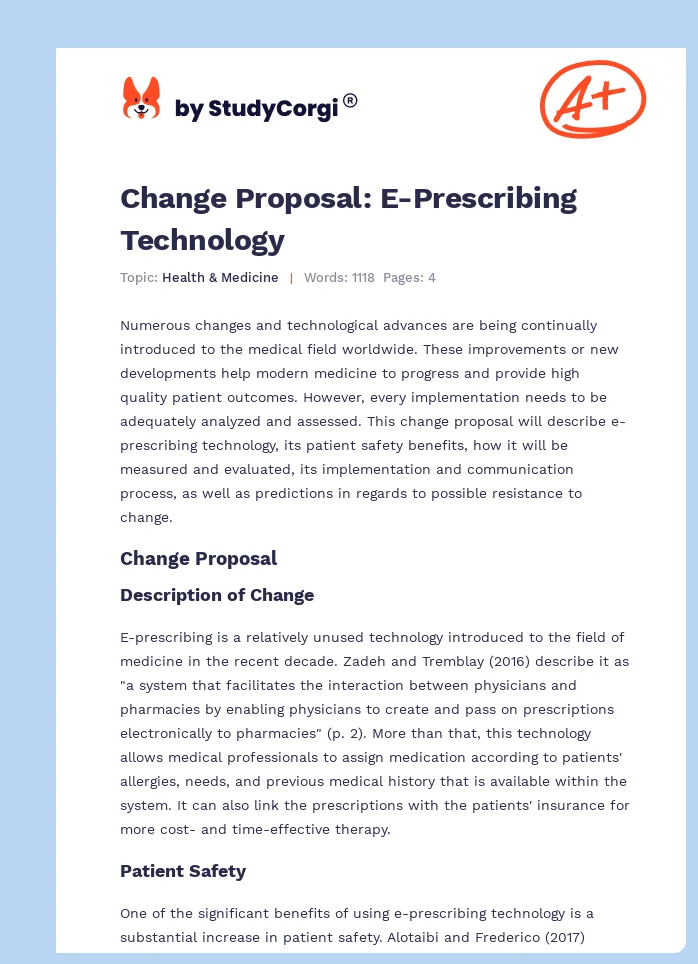 Change Proposal: E-Prescribing Technology. Page 1