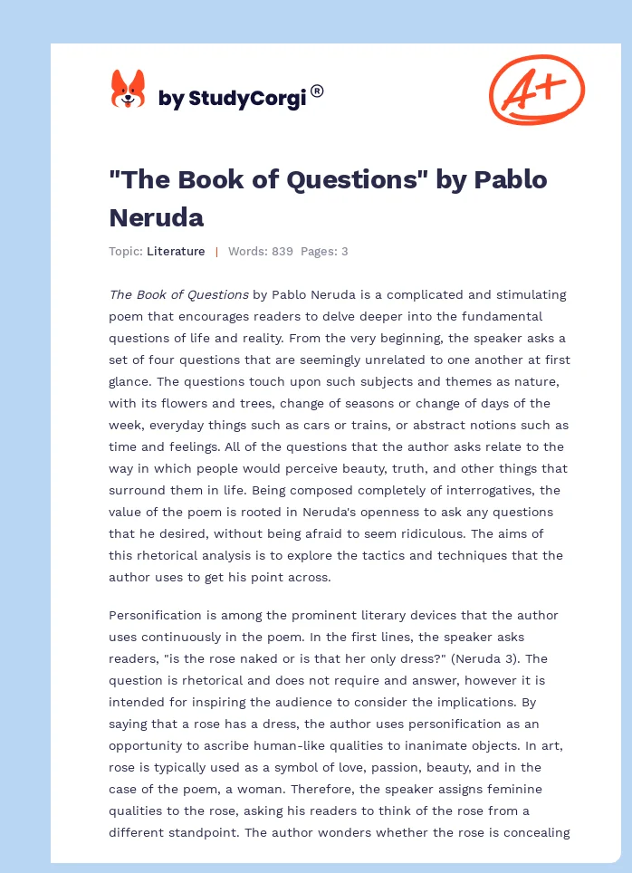 "The Book of Questions" by Pablo Neruda. Page 1