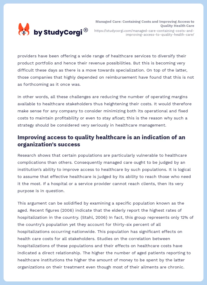 Managed Care: Containing Costs and Improving Access to Quality Health Care. Page 2