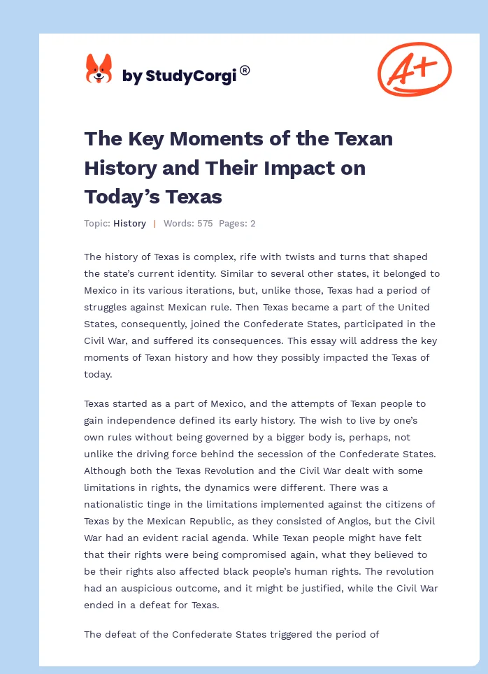 The Key Moments of the Texan History and Their Impact on Today’s Texas. Page 1