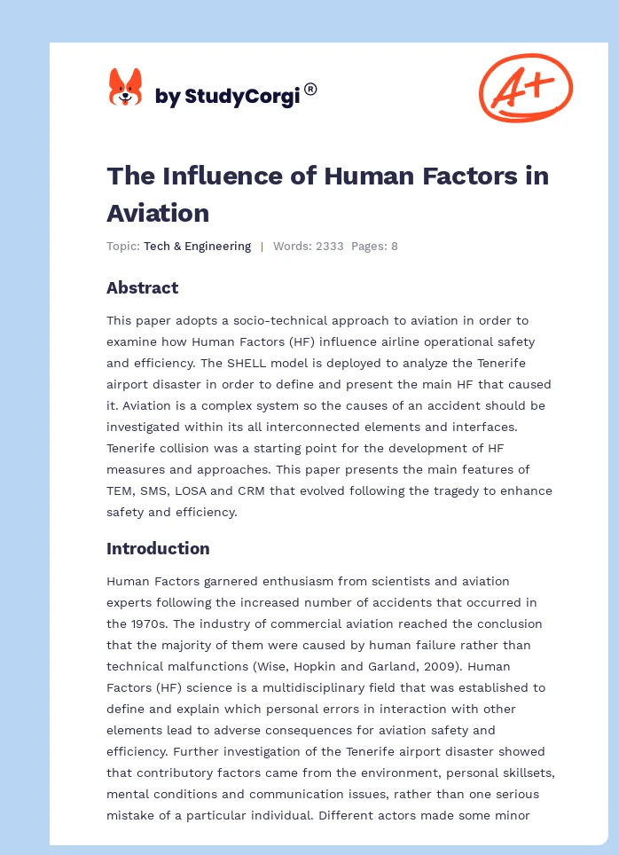 The Influence of Human Factors in Aviation. Page 1
