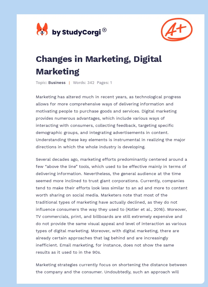 Changes in Marketing, Digital Marketing. Page 1