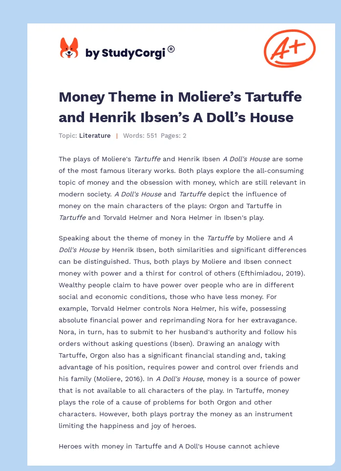 Money Theme in Moliere’s Tartuffe and Henrik Ibsen’s A Doll’s House. Page 1