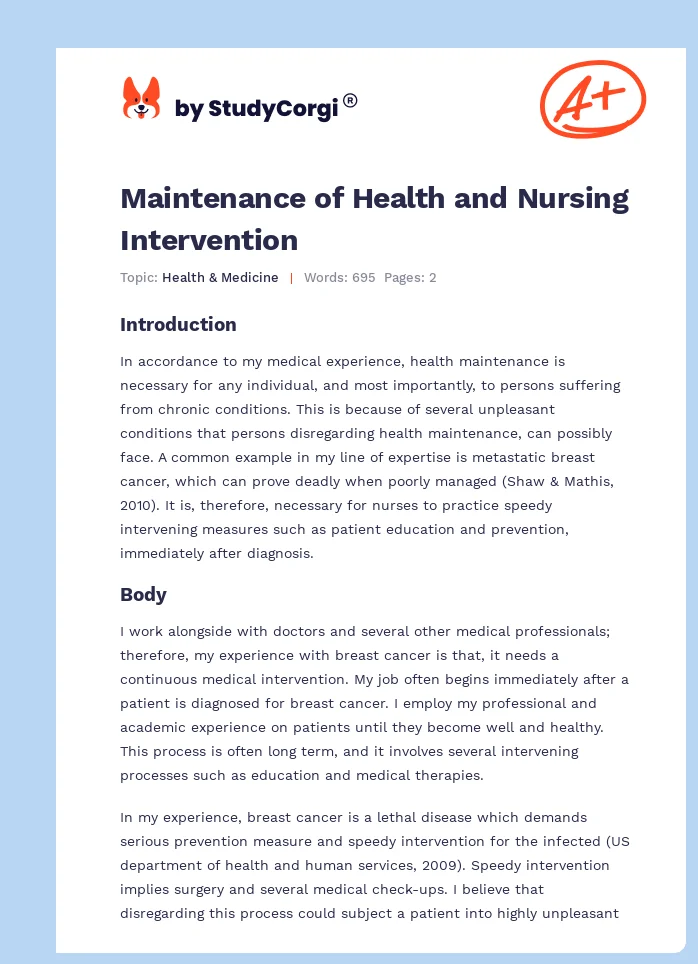 Maintenance of Health and Nursing Intervention. Page 1
