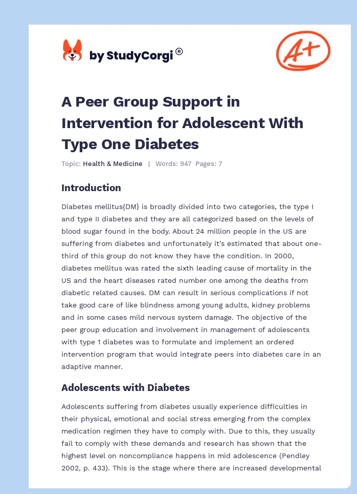 A Peer Group Support in Intervention for Adolescent With Type One Diabetes. Page 1
