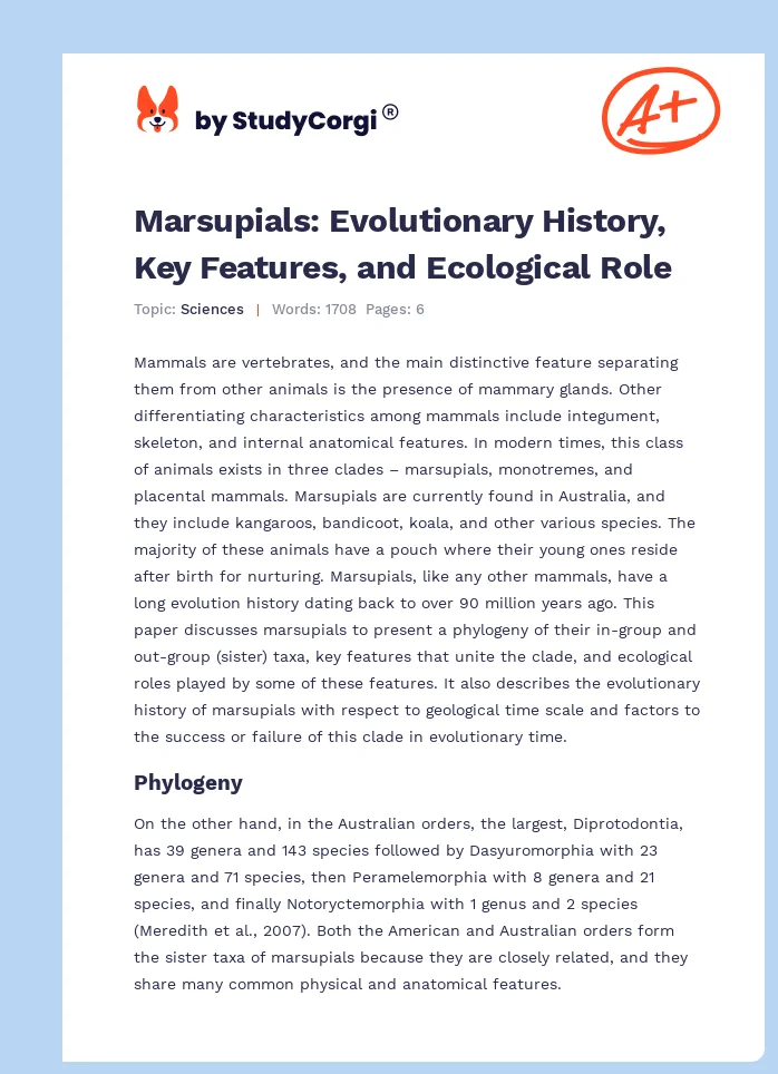 Marsupials: Evolutionary History, Key Features, and Ecological Role. Page 1