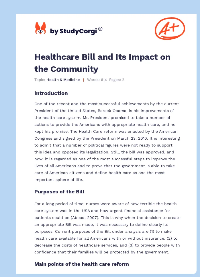Healthcare Bill and Its Impact on the Community. Page 1