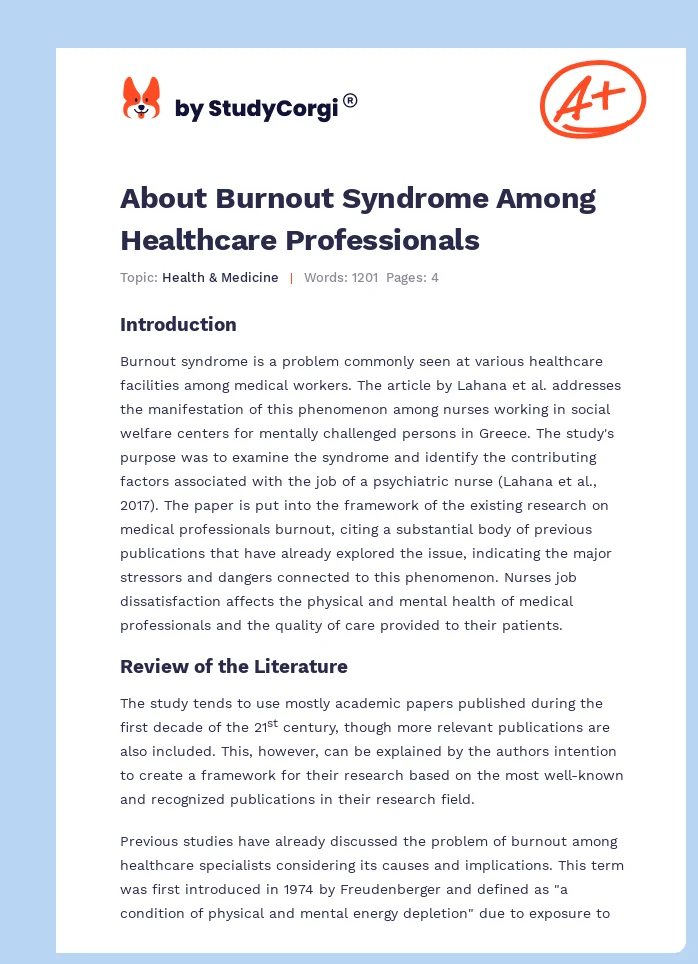 About Burnout Syndrome Among Healthcare Professionals. Page 1