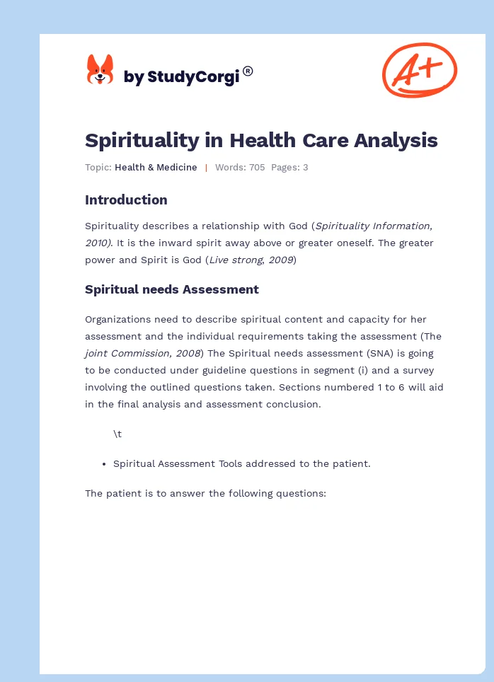 Spirituality in Health Care Analysis. Page 1
