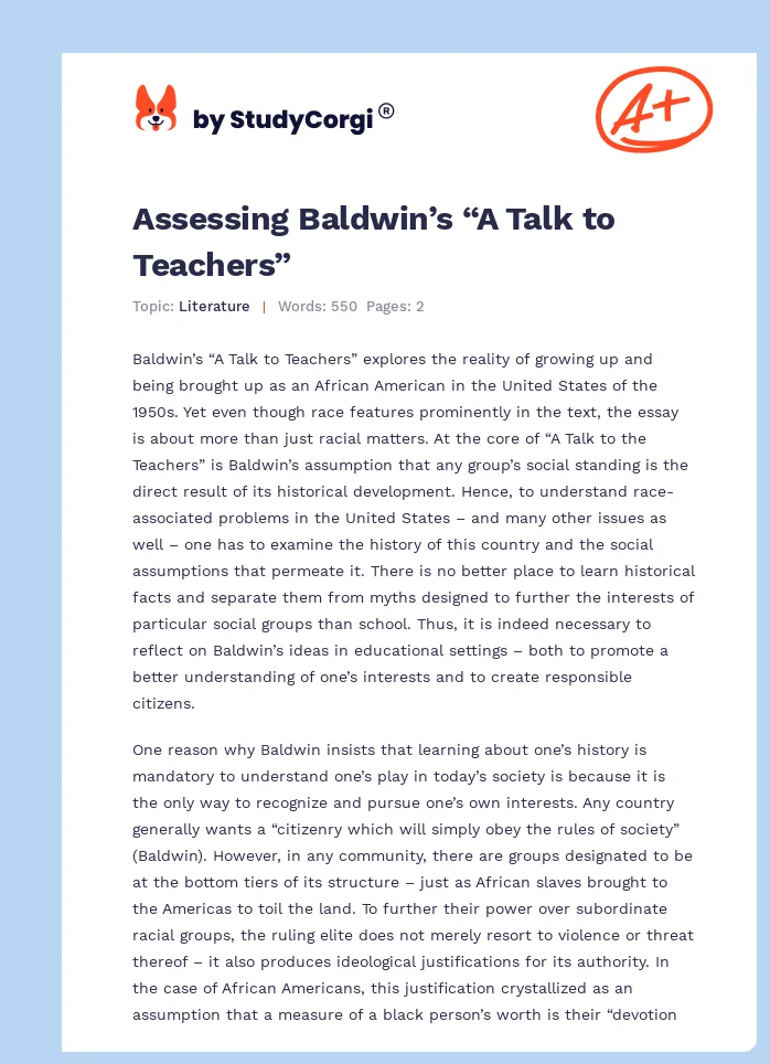 Assessing Baldwin’s “A Talk to Teachers”. Page 1
