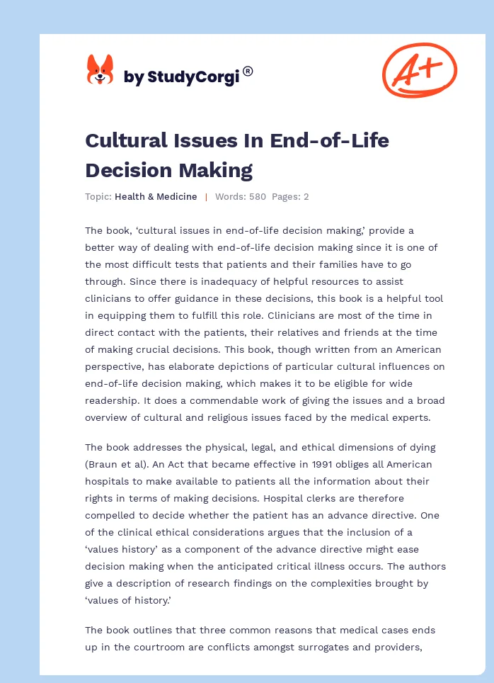 Cultural Issues In End-of-Life Decision Making. Page 1