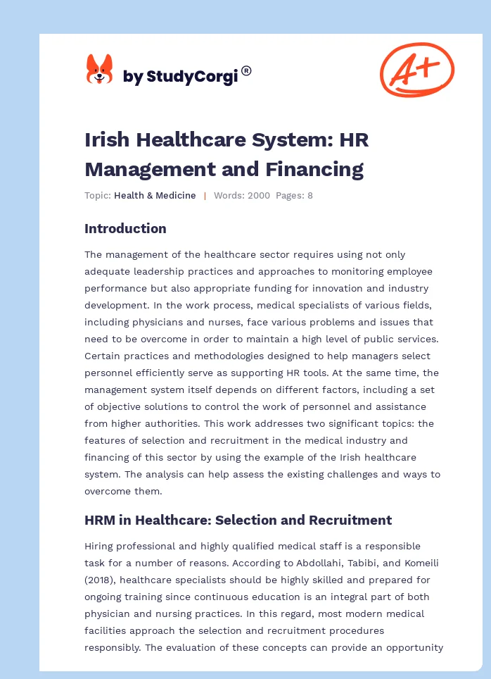 Irish Healthcare System: HR Management and Financing. Page 1