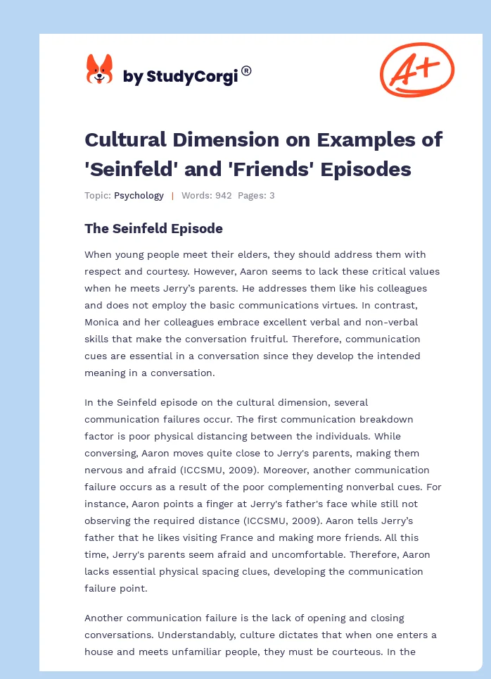 Cultural Dimension on Examples of 'Seinfeld' and 'Friends' Episodes. Page 1