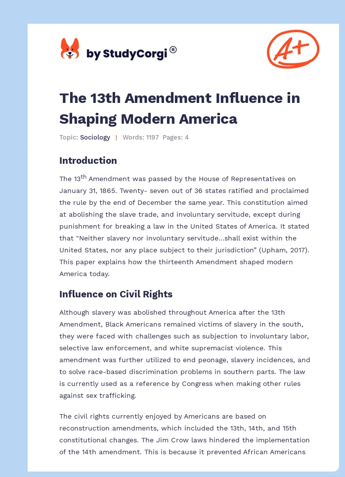 The 13th Amendment Influence in Shaping Modern America. Page 1