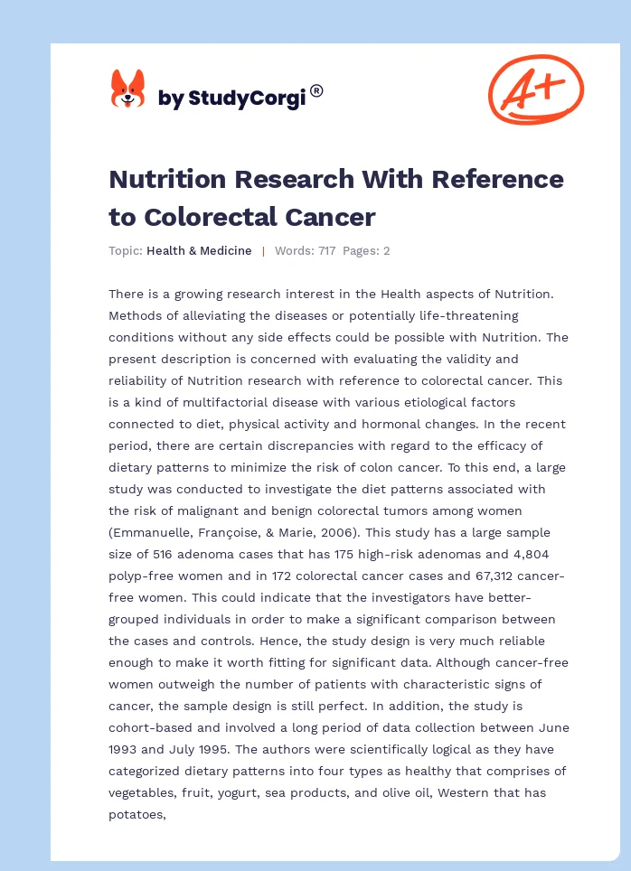 Nutrition Research With Reference to Colorectal Cancer. Page 1