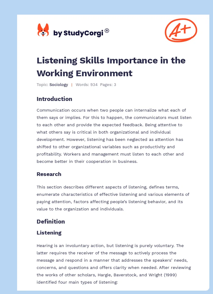 Listening Skills Importance in the Working Environment. Page 1
