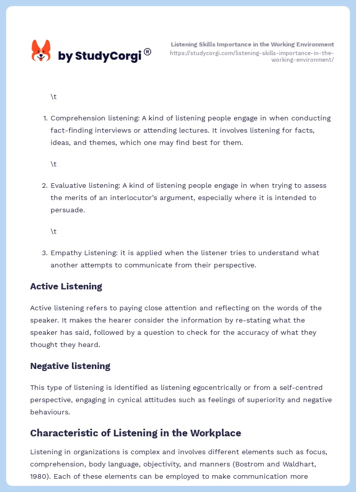 Listening Skills Importance in the Working Environment. Page 2