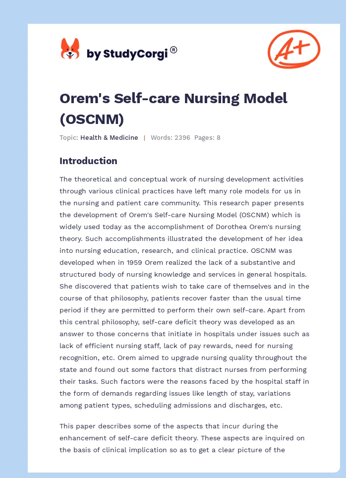 Orem's Self-care Nursing Model (OSCNM). Page 1