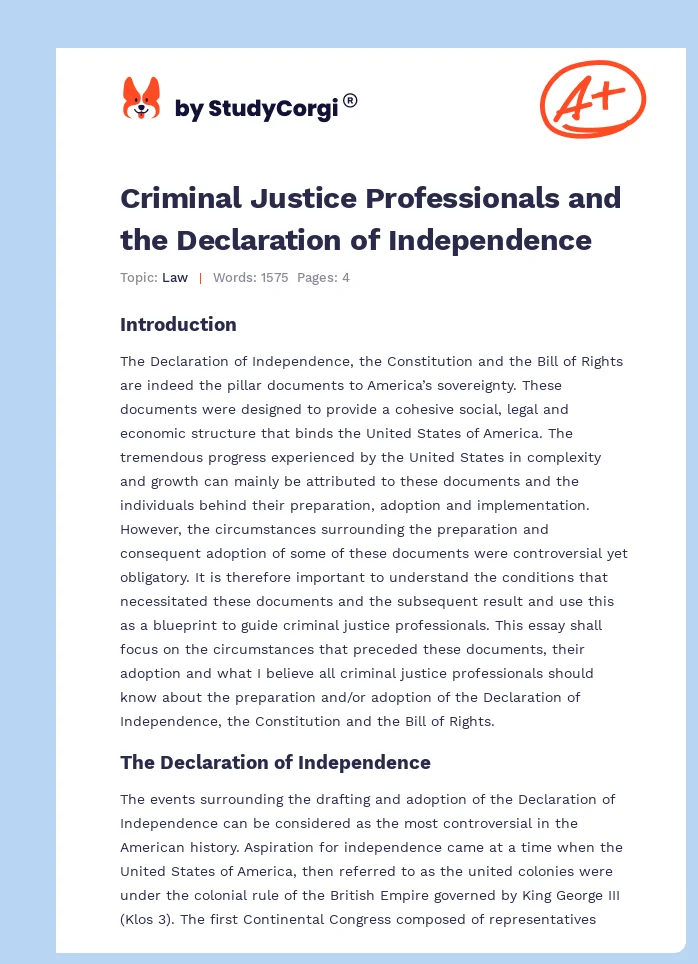 Criminal Justice Professionals and the Declaration of Independence. Page 1