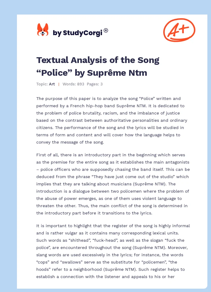 Textual Analysis of the Song “Police” by Suprême Ntm. Page 1