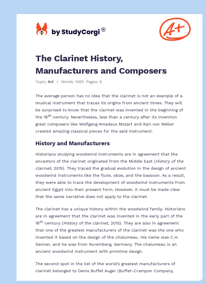The Clarinet History, Manufacturers and Composers. Page 1